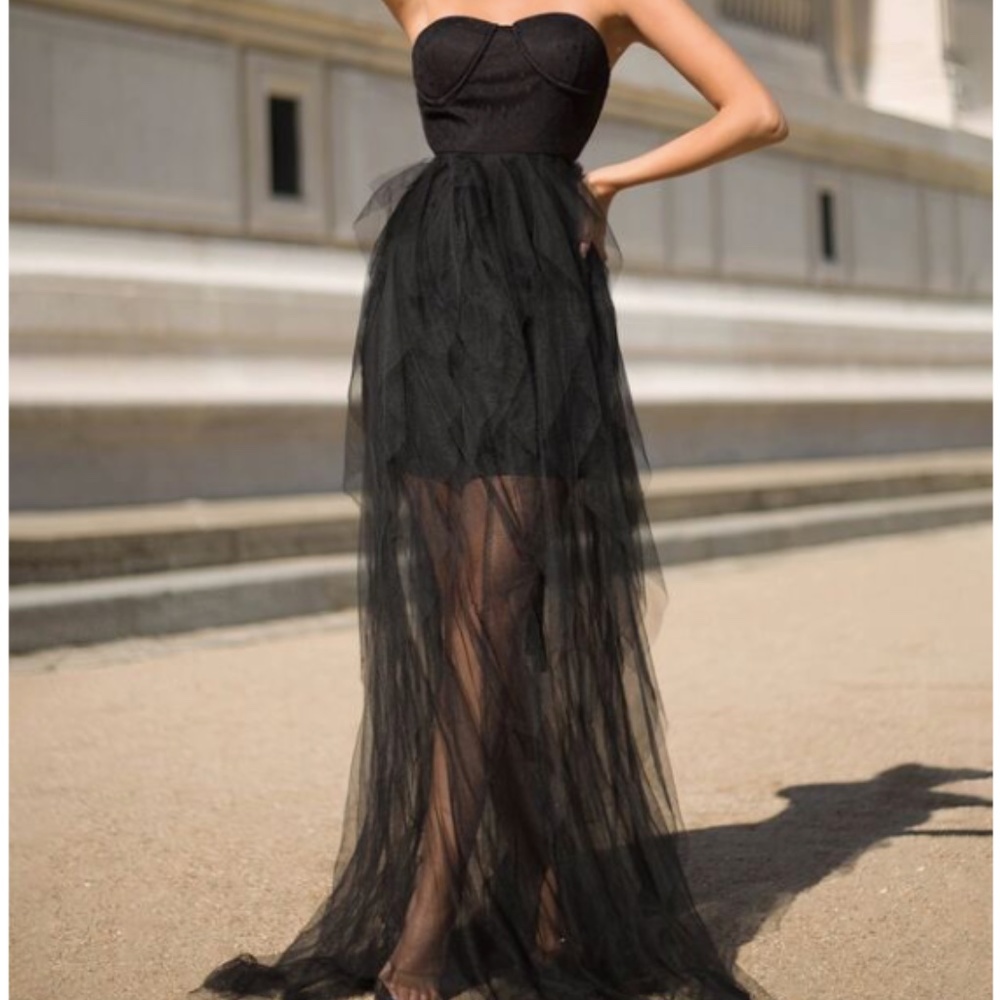 Ribbon Waist Layered Hem Mesh Tube Prom, Winter Formal, Homecoming Dress